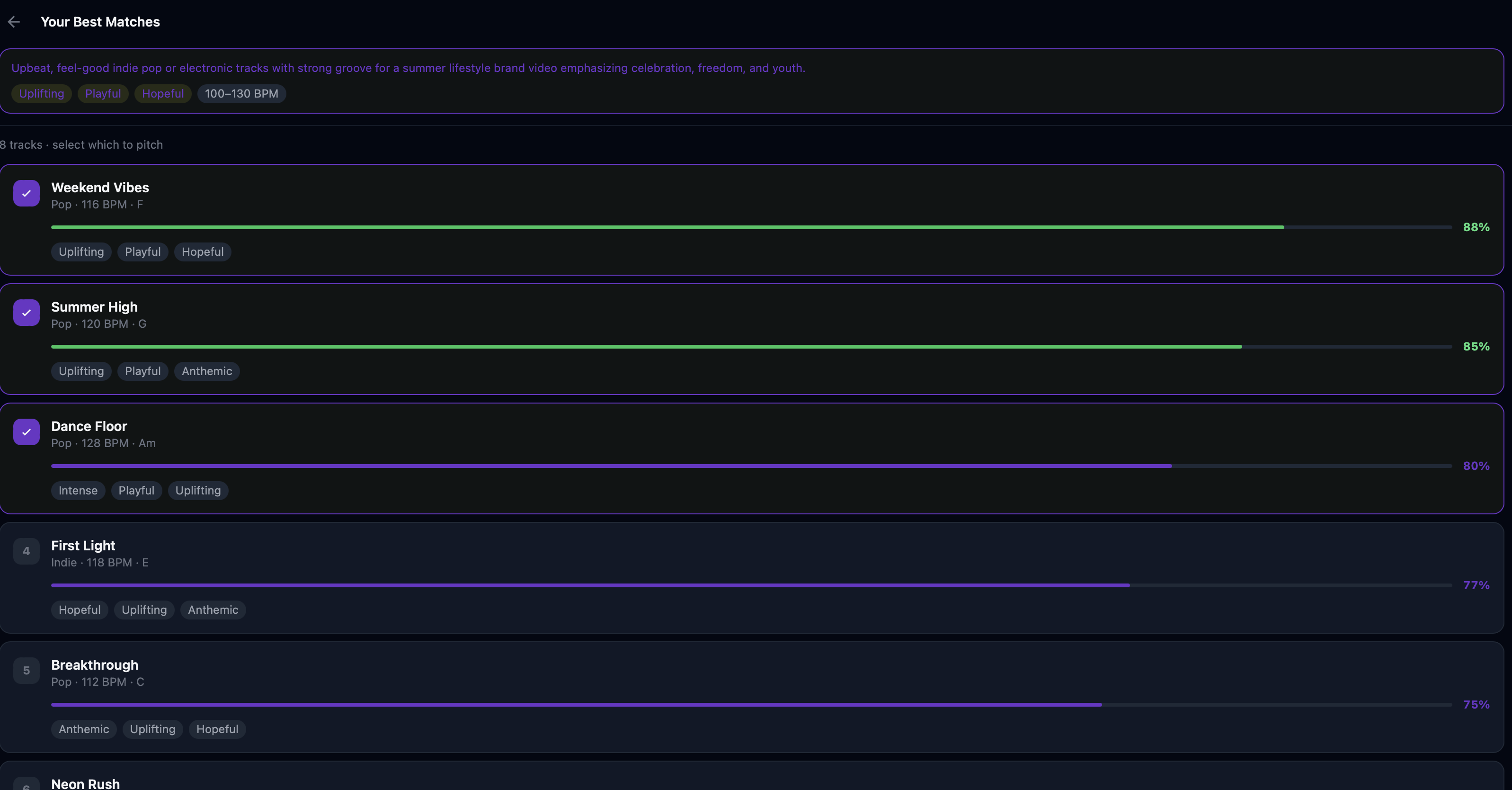 FSM best matches — tracks ranked by fit against a sync brief